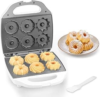 Mini Donut Maker Machine, Electric Mini Bundt Cake Pan, Bake 6 Bundt Doughnuts with 3 Shapes, Excellent for Breakfast, Snacks, Desserts & More