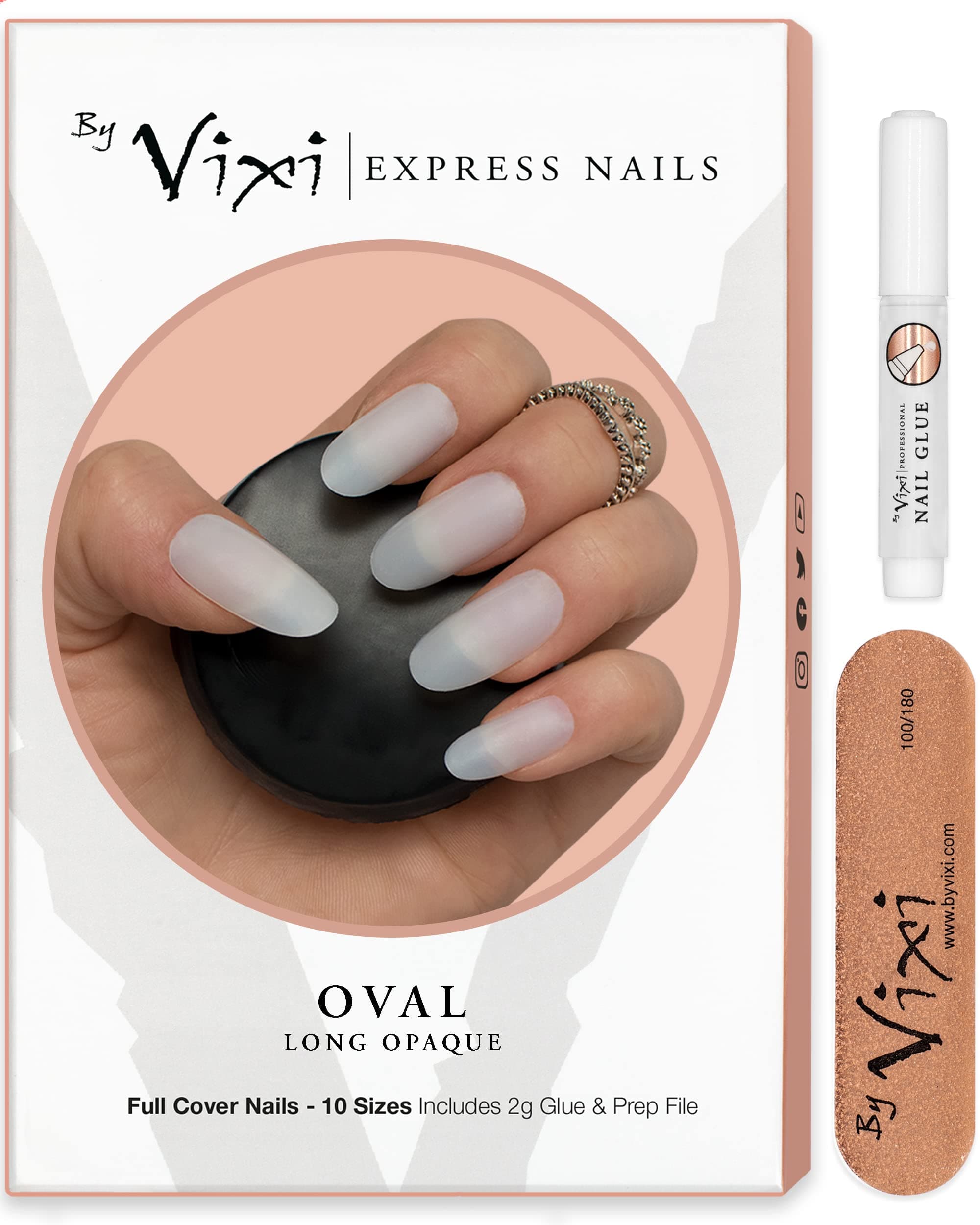 120-pieces LONG OVAL NAIL SET with FREE GLUE & PREP FILE, 10 Sizes - Opaque Express Full Cover False Fingernail Extensions for Salon Professionals & Home Use - By Vixi