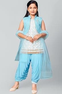 Girl's Silk Ethnic Wear Sequin Embroidery Lace Work Kurti Patiala Suit Set With Jacket