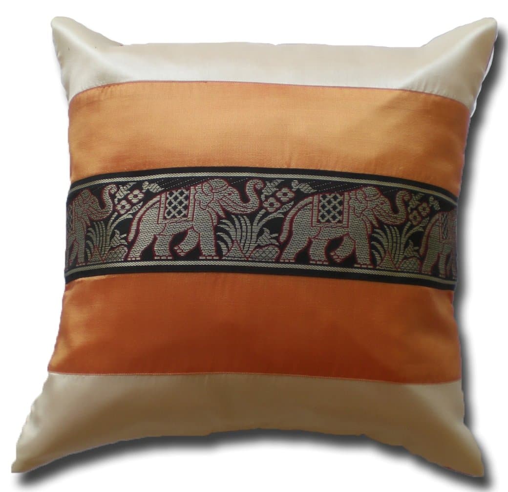 Cushion Cover Pillow Case with Elephant Design, 41.5 cm x 41.5 cm, Thai Silk, Cream White / Orange
