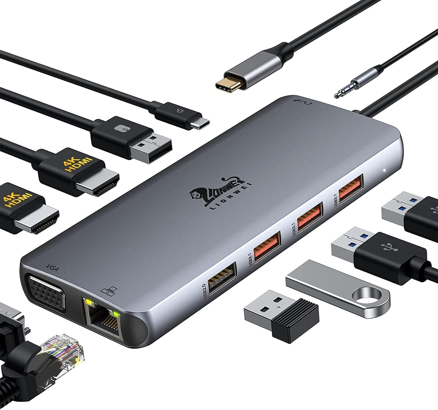 LIONWEI 11 in 1 USB C Laptop Docking Station Dual Monitor, Dual 4K HDMI+VGA, 3 * 10Gbps USB 3.1, PD, Ethernet, Audio/Mic, USB C Hub for Dell/Surface/HP/Lenovo Laptops