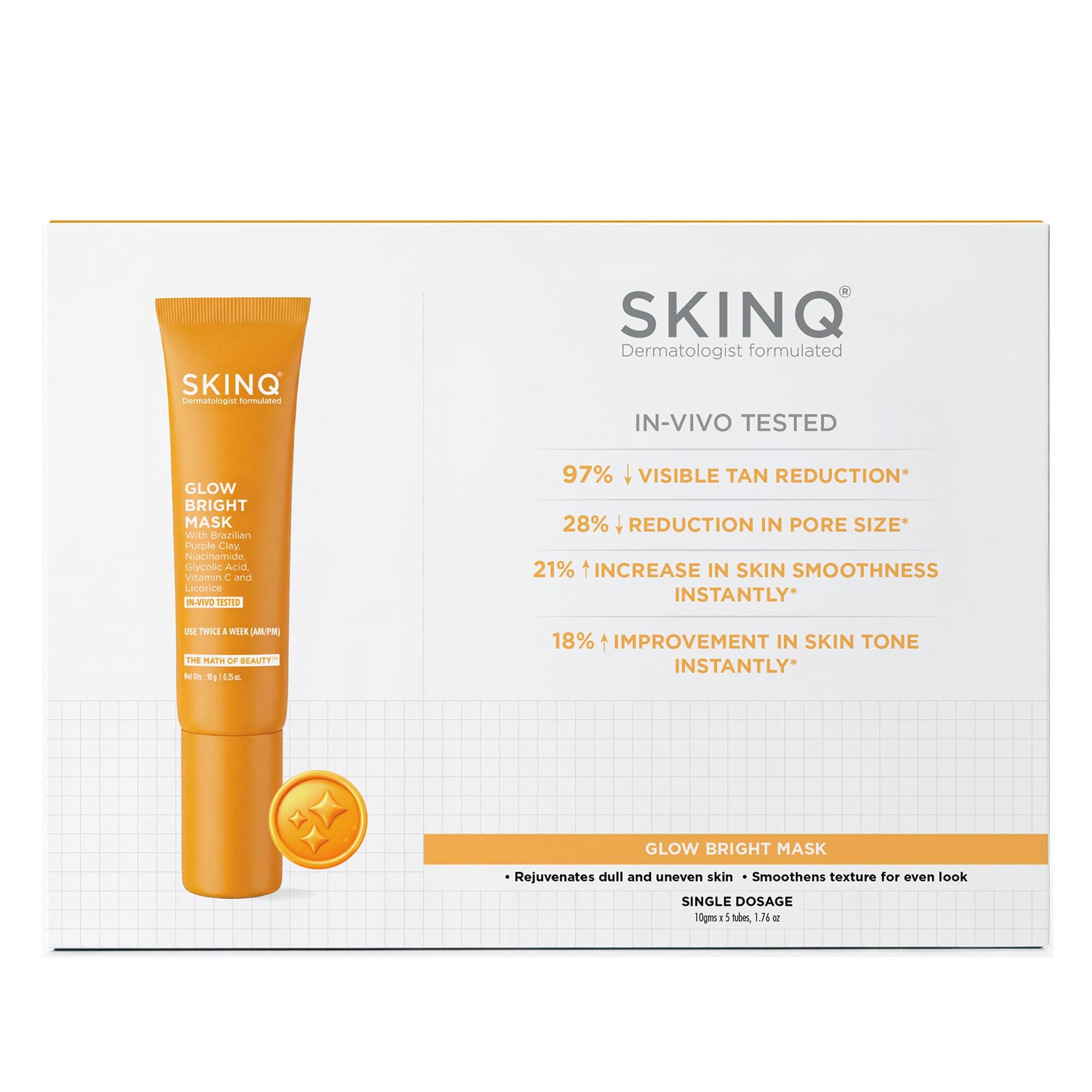 - SKINQ Glow Bright Mask- Pack of 5 | 97% Visible Tan Reduction | Brightening Face Pack for Radiant & Even Skin | Reduces Tan & Dullness in 15 Minutes|For All Skin Type| In-VivoTested I Derma Formulated