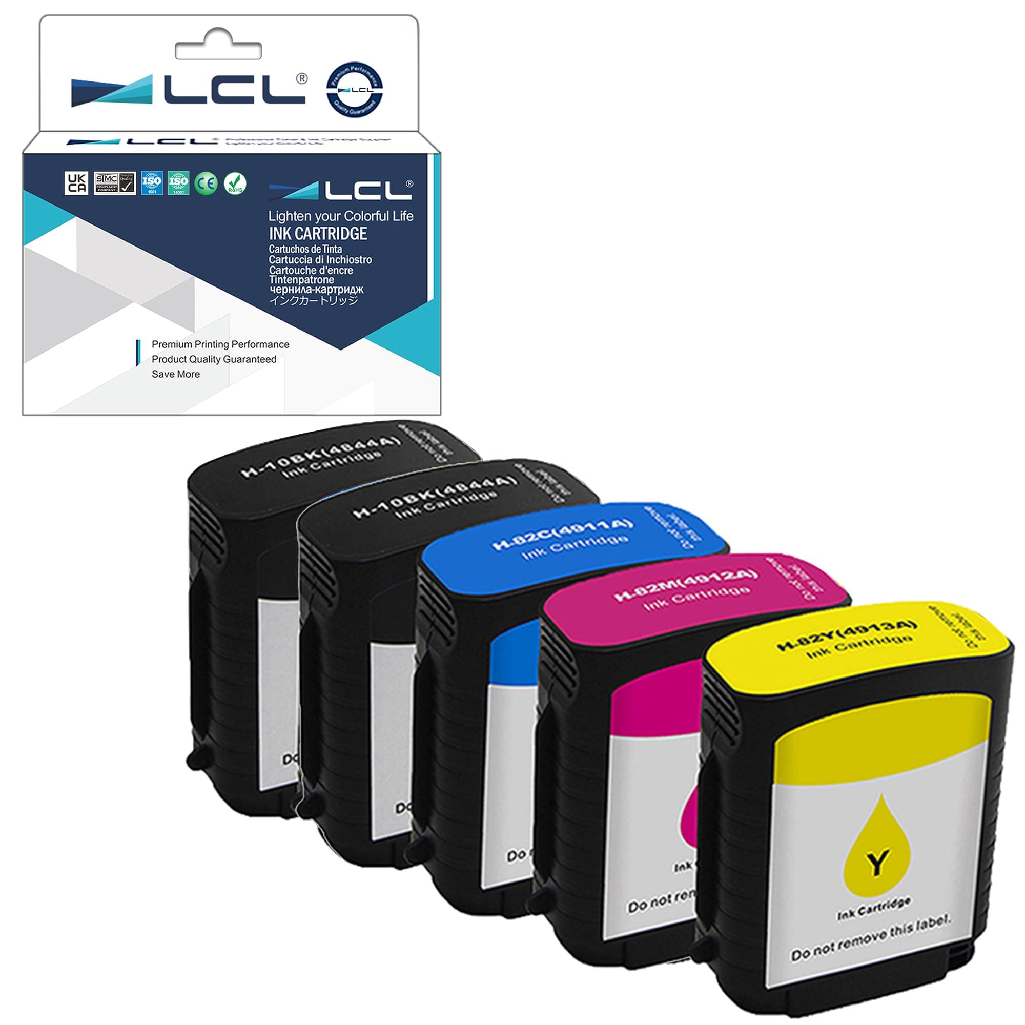 LCL Compatible Ink Cartridge Replacement for HP 10 82 C4844A C4911A C4912A C4913A Designjet 500 500ps 500Plus 800 800ps 815 815mfp 820 820mfp (5-Pack 2Black Cyan Magenta Yellow)