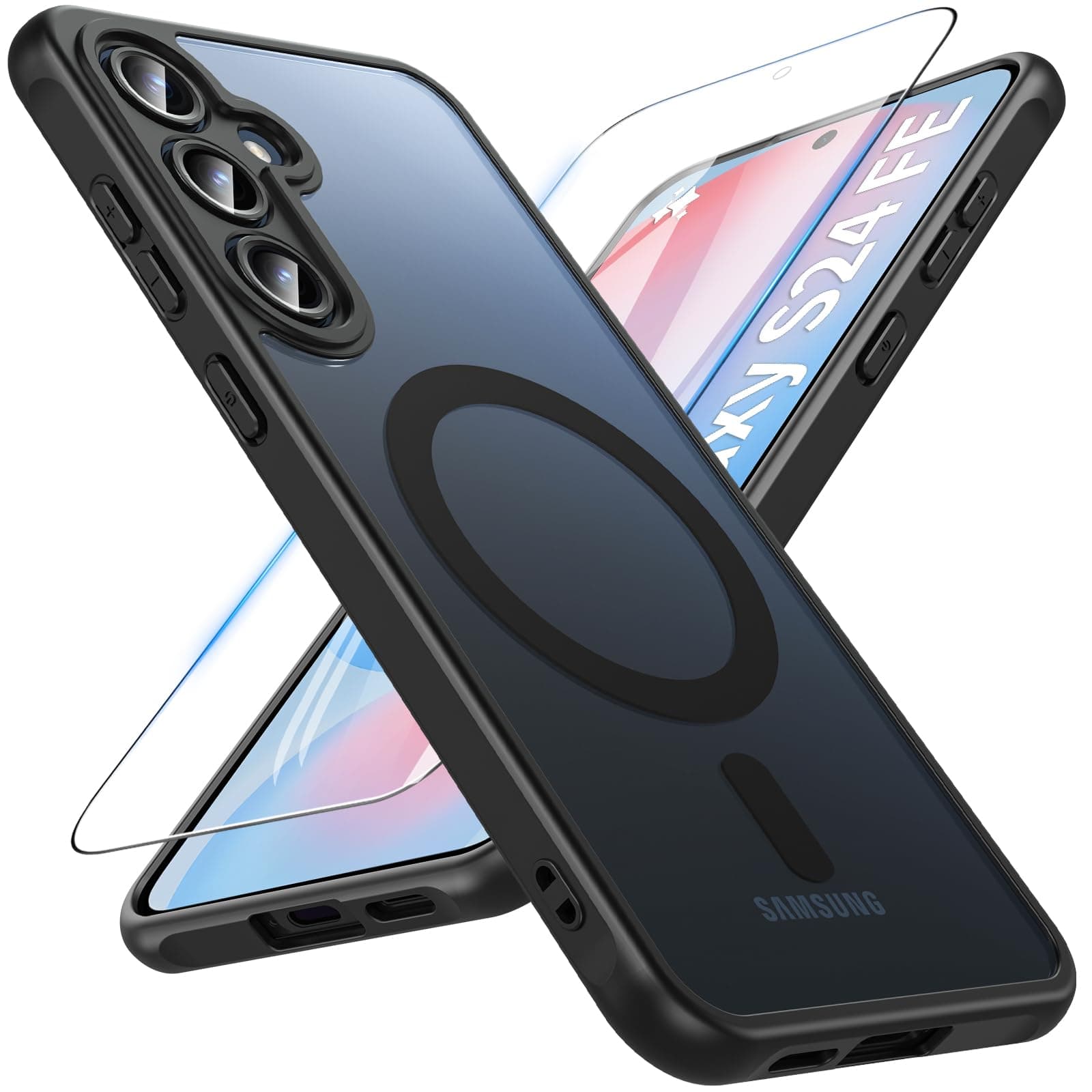 OWKEY for Samsung Galaxy S24 FE Case 6.7'', Magnetic Galaxy S24 FE Case for Magsafe with Tempered Screen Protector [Shockproof Military] Translucent Matte Bumper Phone Cover Samsung S24 FE 5G, Black
