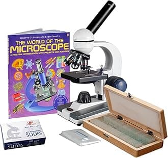 AmScope M150C-50WM-50P100S Compound Monocular Microscope, WF10x and WF25x Eyepieces, 40x-1000x Magnification, LED Illumination, Brightfield, Single-Lens Condenser, Coaxial Coarse and Fine Focus, Plain Stage, 110V, Includes Set of 50 Prepared Slides, 50 Blank Slides, 100 Coverslips, and Book