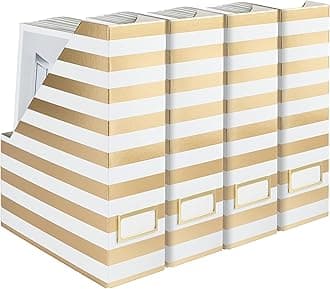 BLU MONACO Set of 4 Gold and White Striped Magazine File Boxes with Gold Label Holders - Ideal File Organizer Box for Desk Accessories, File Folder Holder, Office Supplies, and Book Organizer