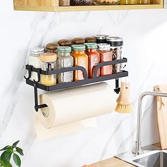 ZUNTO Wall Mount Paper Towel Holder with Shelf, Self Adhesive or Drilling, Stainless Steel Paper Roll Rack for Kitchen, Black Towel Bar for Kitchen, Bathroom