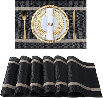 FAVE Placemats Set of 4 Black Placemats Woven with Golden Thread Durable and Wipeable Vinyl Placemats Heat Resistant Table Mats Set of 4 High Texture Place Mats for Kitchen Table (Black, 12"x18"-4PCS)