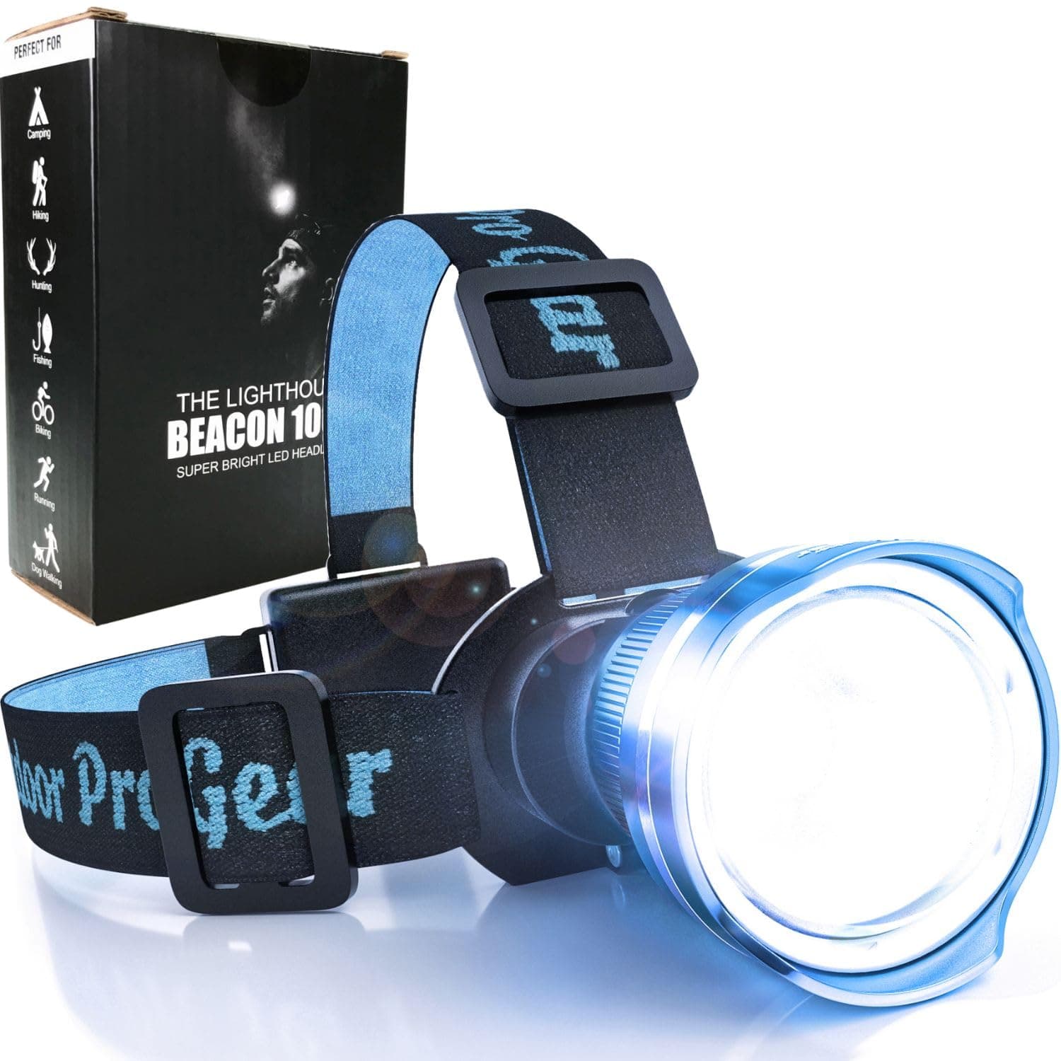 Outdoor Pro Gear Lighthouse Beacon 1000 LED Headlamp - 1 Tool 1000 Jobs - Camping Hunting Fishing Running Caving Hiking Search and Rescue - Rugged Zoomable Super Bright Head Lamp Spotlight (Blue)