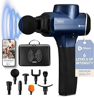 LifePro Sonic Lithium Ion 24V DC Handheld Quiet Quick Rechargeable Device Percussion Massage Gun Deep Tissue Massager with 5 Speed High-Intensity Vibration for Sore Muscle and Stiffness - Includes 5 Massage Heads (Blue)