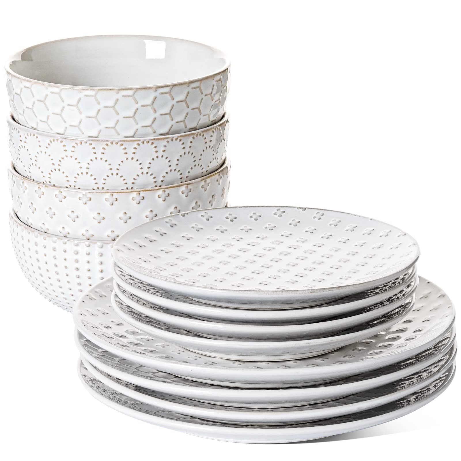 LE TAUCI Dinnerware Sets 12 PCS, Ceramic Plates and Bowls Set, Suit For Housewarming (10" Dinner Plate + 8" Salad Dish + 26 oz Cereal Bowl) x 4, Oven safe - Arctic White