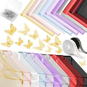 NESCCI 200 Sheets Flower Wrapping Paper - Waterproof Florist Bouquet Paper,70Ft Satin Ribbon, 36 Pcs 3D Butterflies 100 PCS Flower Pins for Wedding Birthday Gift DIY(Translucent Multicolored)