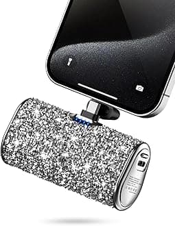 Bling Small Portable Charger, Power Bank, 6800mAh Ultra Compact Cute Shining Power Bank 5V3.1A Fast Charger Built-in Flashlight and Type-C Connector for iPhone 15 and Android Phones(Silver)