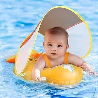 No Flip Over Baby Pool Float with Canopy UPF50+ Sun Protection, Inflatable Baby Float with Sponge Safety Support Bottom, Fun Gifts Water Toys Accessories Baby Swim Floats for Pool 3-36 Months