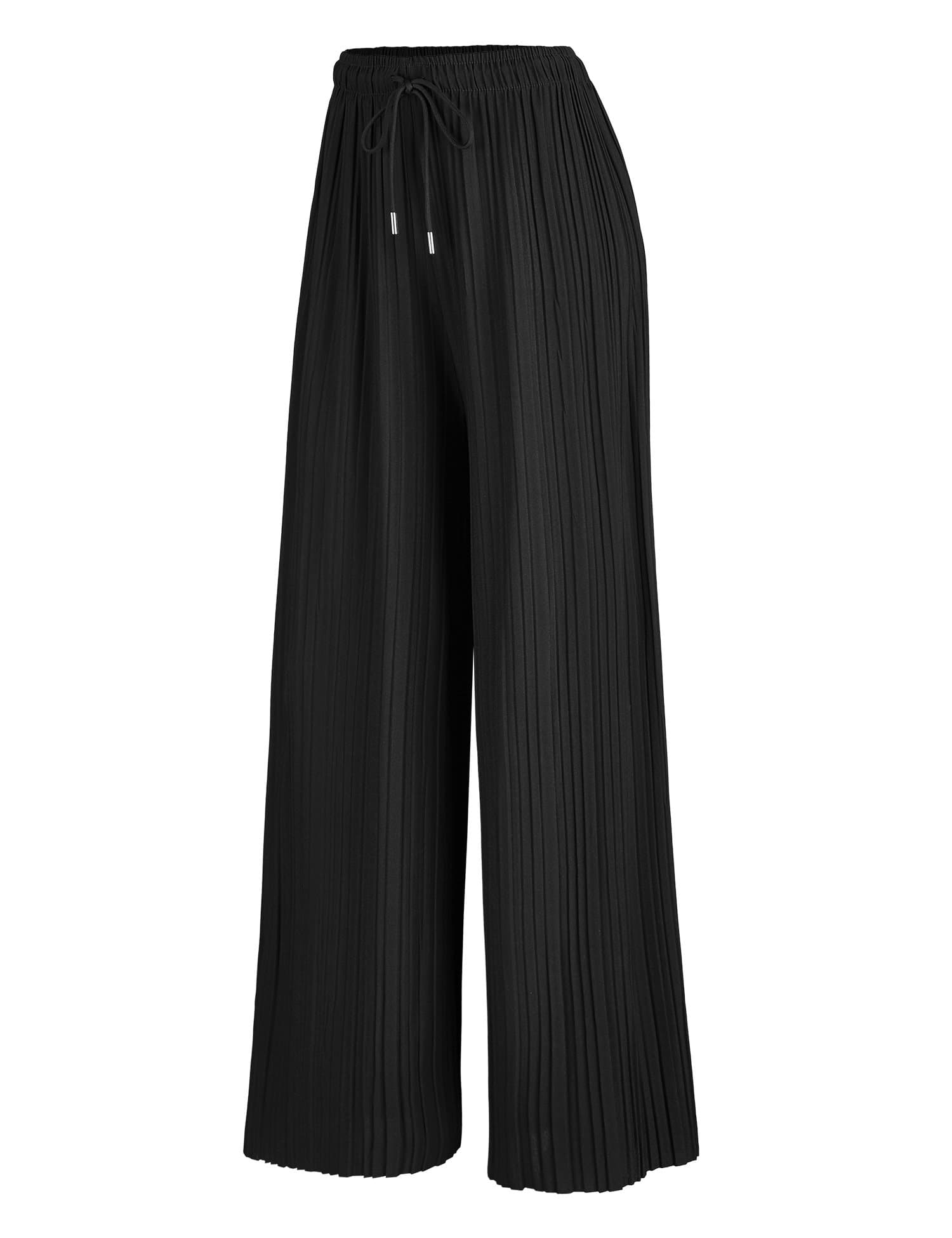 Womens Pleated Wide Leg Palazzo Maxi Pants with Drawstring or Elastic Band
