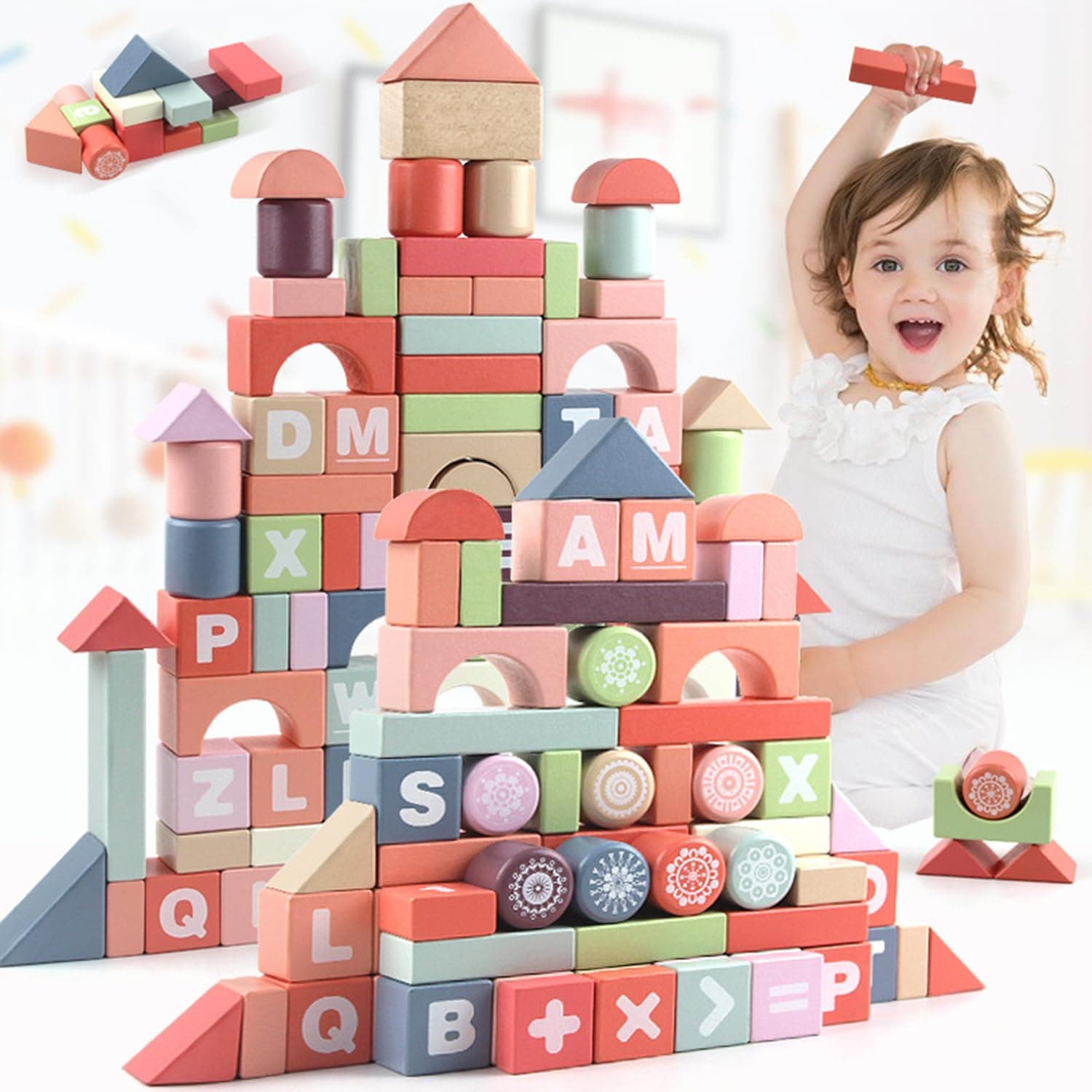 AM ANNA Wooden Building Blocks Set for Kids Stacker Stacking Game Construction Toys Set Preschool Geometry letter Learning Educational Toys,Montessori Toys Fine Motor Skill for Boys Girls 3+ Year Old