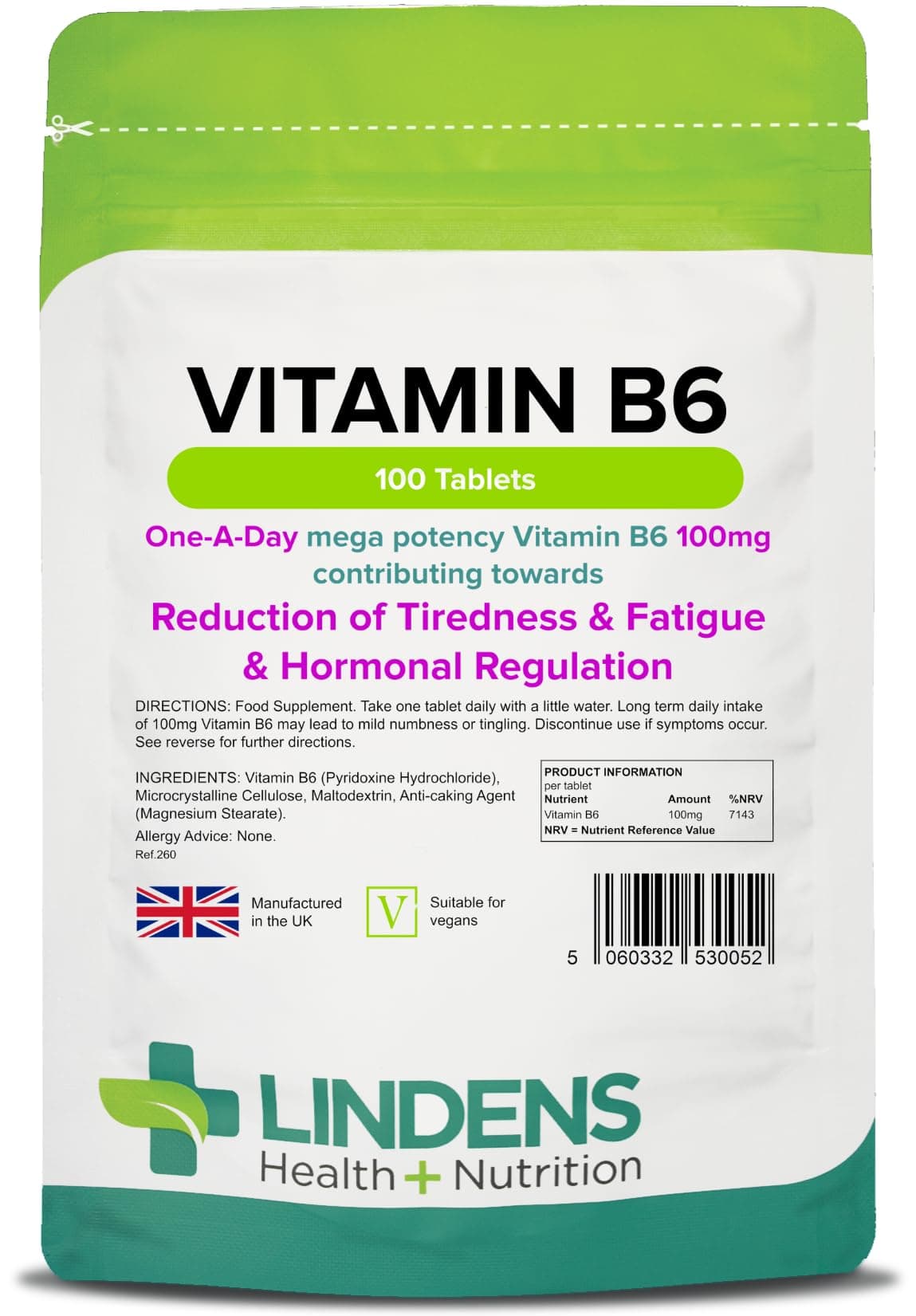 Vitamin B6 100mg 1 /day 100 Tablets B-6 B 5