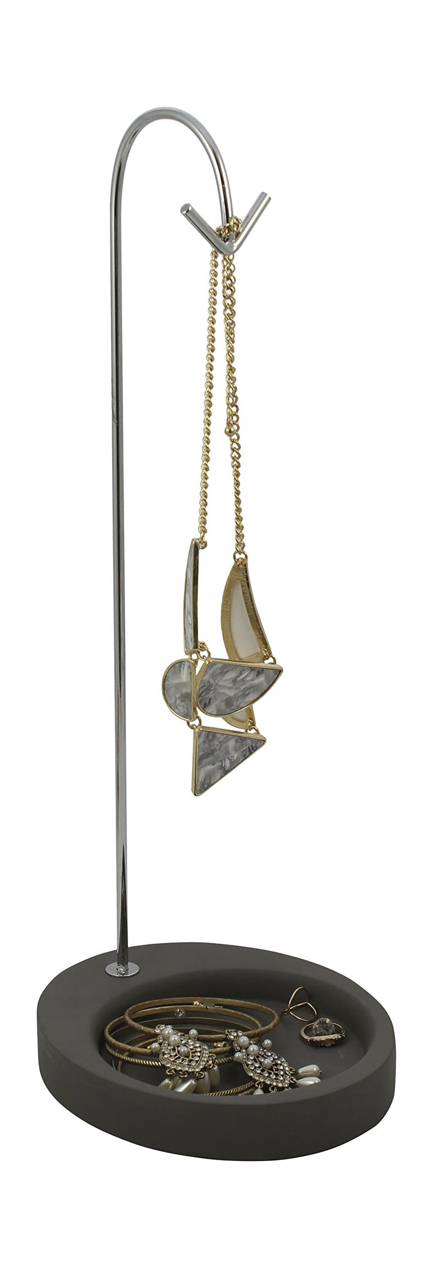 Kenton Grey Concreate Base Hanging Jewelry Organizer – “Arrow” Tall Tabletop Necklace Holder & Jewelry Display Tree with Ring Tray to Organize Necklaces, Bracelets, Earrings, Rings & Watches, Silver