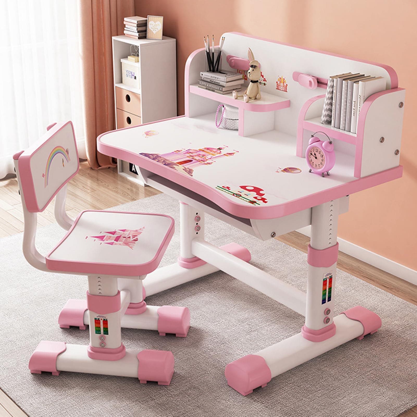 Kids Functional Desk,Scientific Separation, Children School Study Table Chair Set with Cartoon Pattern, Ergonomic Desk Chair with Large Writing Board Pink, 3888047