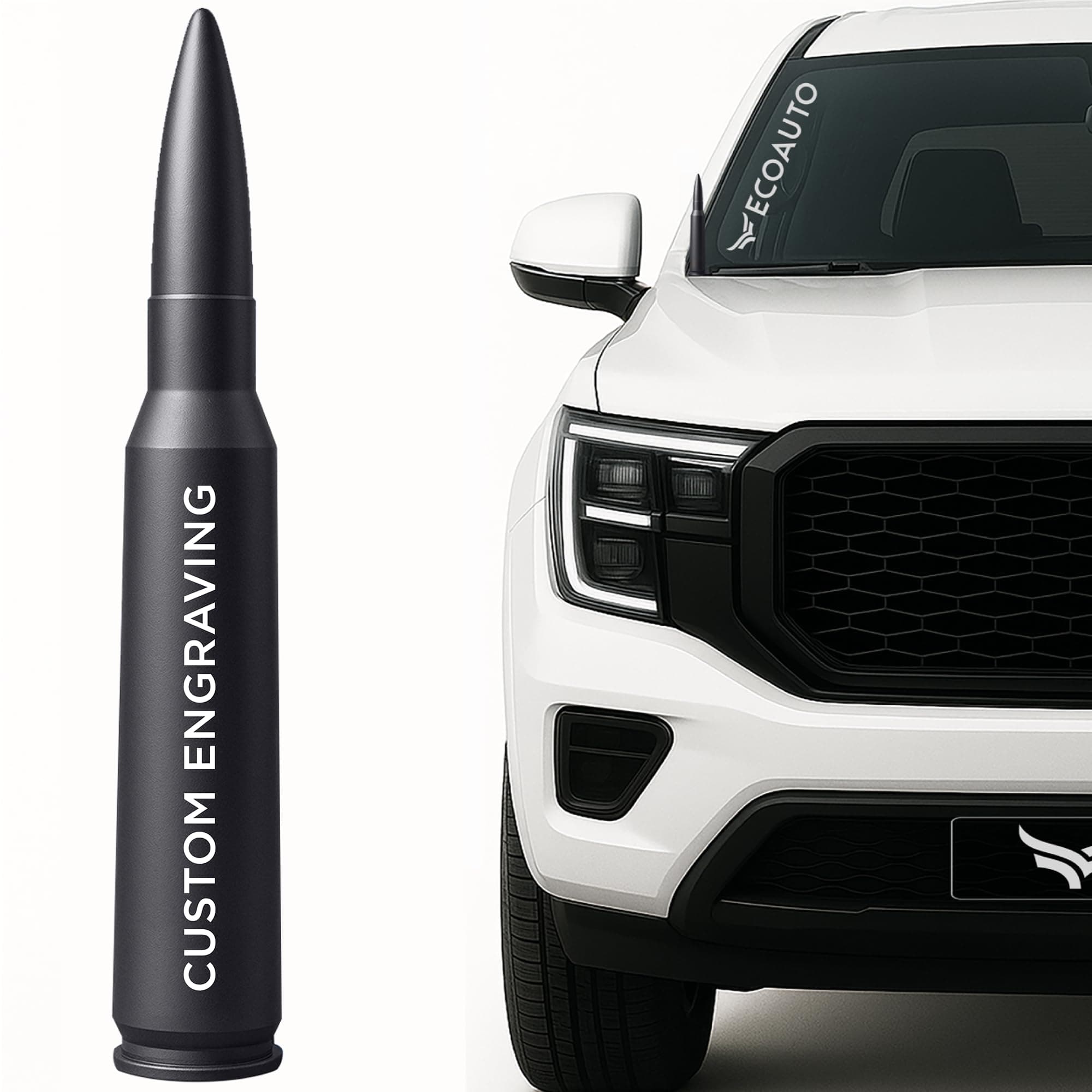 - 50 Cal Badass Bullet Antenna® — Personalized & Custom Engraved — Universal Truck Accessories for Ford, Dodge, GMC, Chevy, Jeep (2007+) Short Antenna Replacement — Anti-Theft EasyLock®