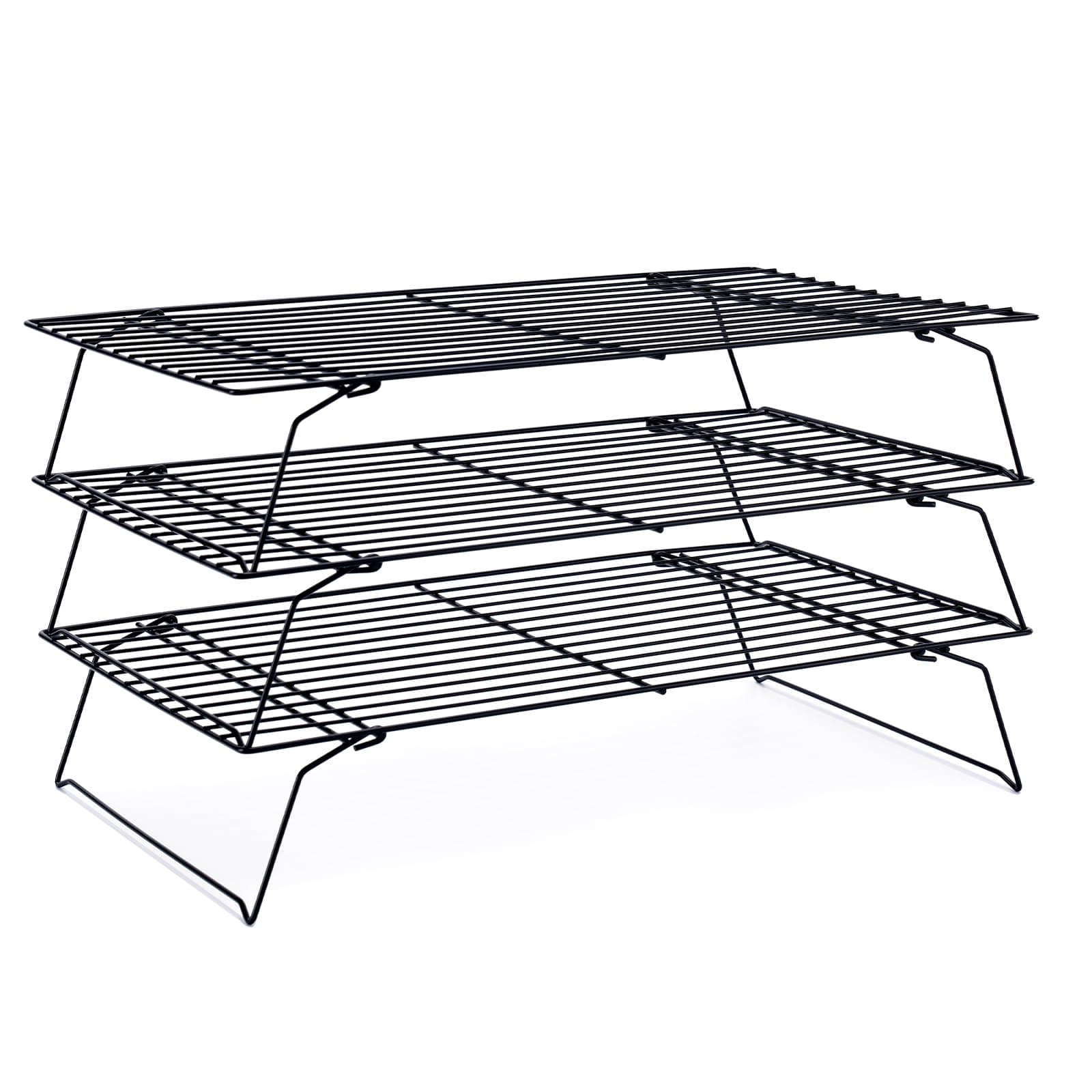 Briout Cooling Rack for Baking 3 Tiers, 16" x 10" Cookie Cooling Wire Rack Stackable Collapsible Nonstick, Stainless Steel Baking Cooking Cooling Racks with Optimum Air Flow, Black