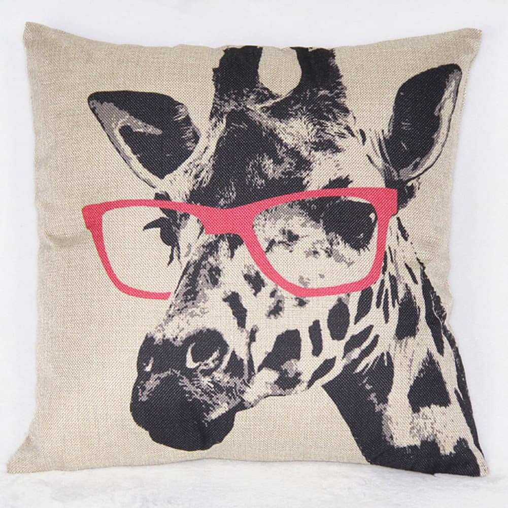 Newonder Beige Cotton Blend Linen Square Decorative Throw Pillow Covers - Indoors or Outdoors Cushion Cases, 18" x 18", Cartoon Animal Style Giraffe Pink Glasses