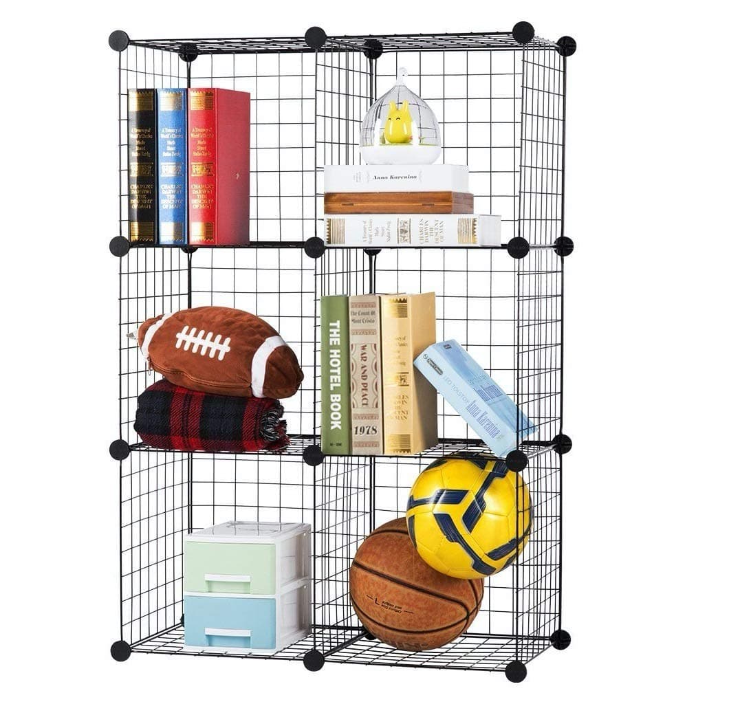 SEVVY - Multi Use DIY - Metallic Wire Storage Organiser - Book Shelf, Kitchen Organiser - Iron Mesh Powder Coated - 6 Cubes - Black, Tiered Shelf