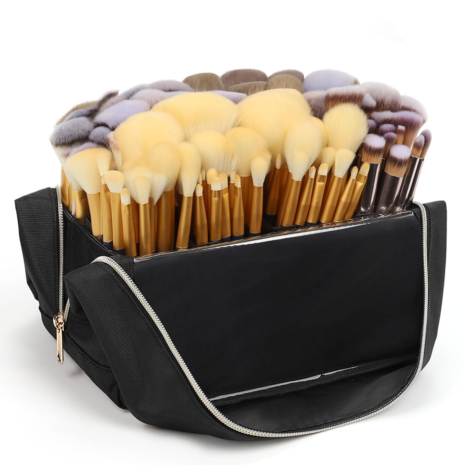 Large Makeup Brush Holder, Portable Stand-up Makeup Brush Organizer Bag, Foldable Makeup Brush Travel Case with Detachable Dividers, Professional Artist Makeup Brush Storage Bag (Brushes Not included)