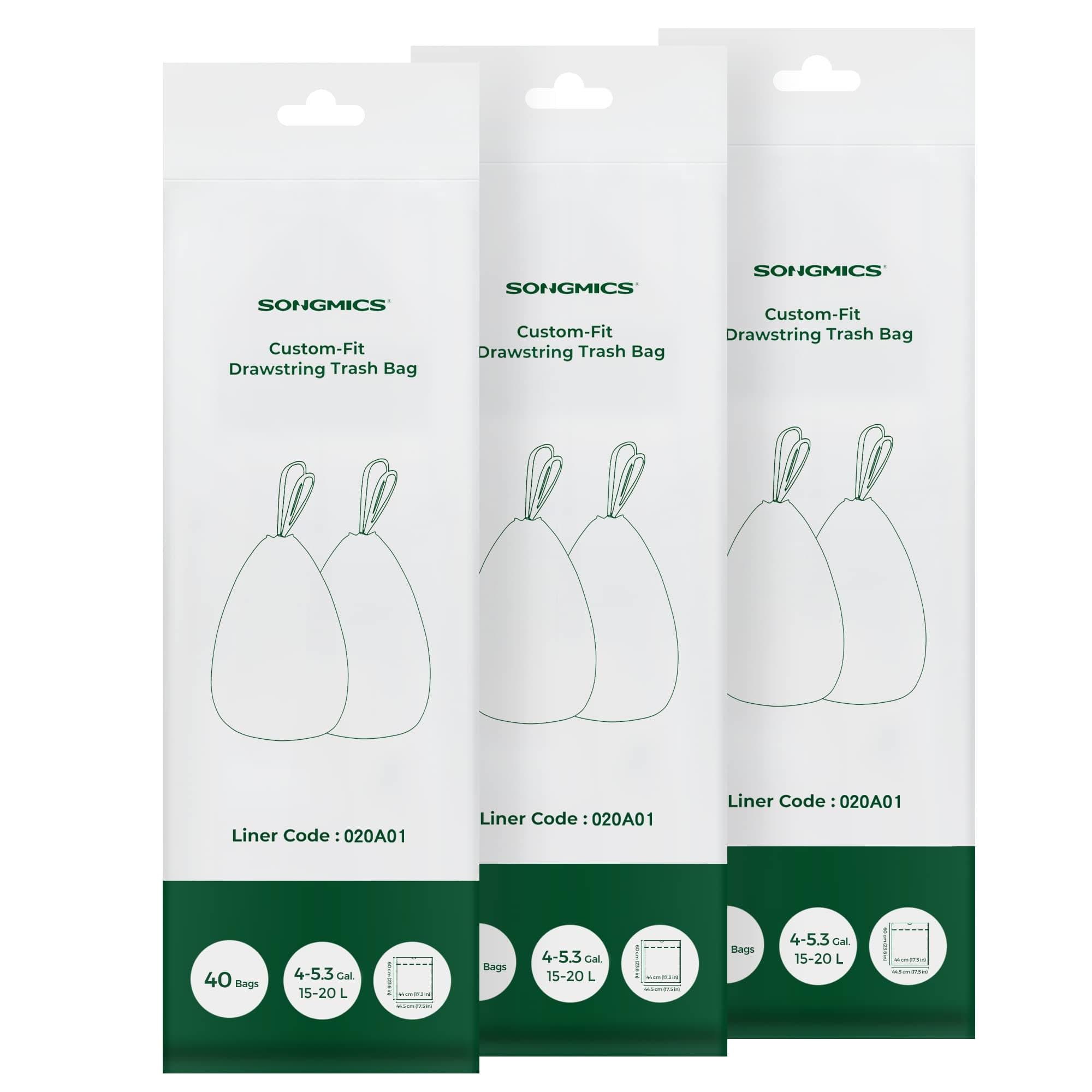 Heavy-Duty Bin Bags, Drawstring Rubbish Bags for 4-5.3 Gallon (15-20 L) Kitchen Bins, Pre-Separated, Liner Code 020A01, 3 Rolls, 120 Pieces, White KRB020A03