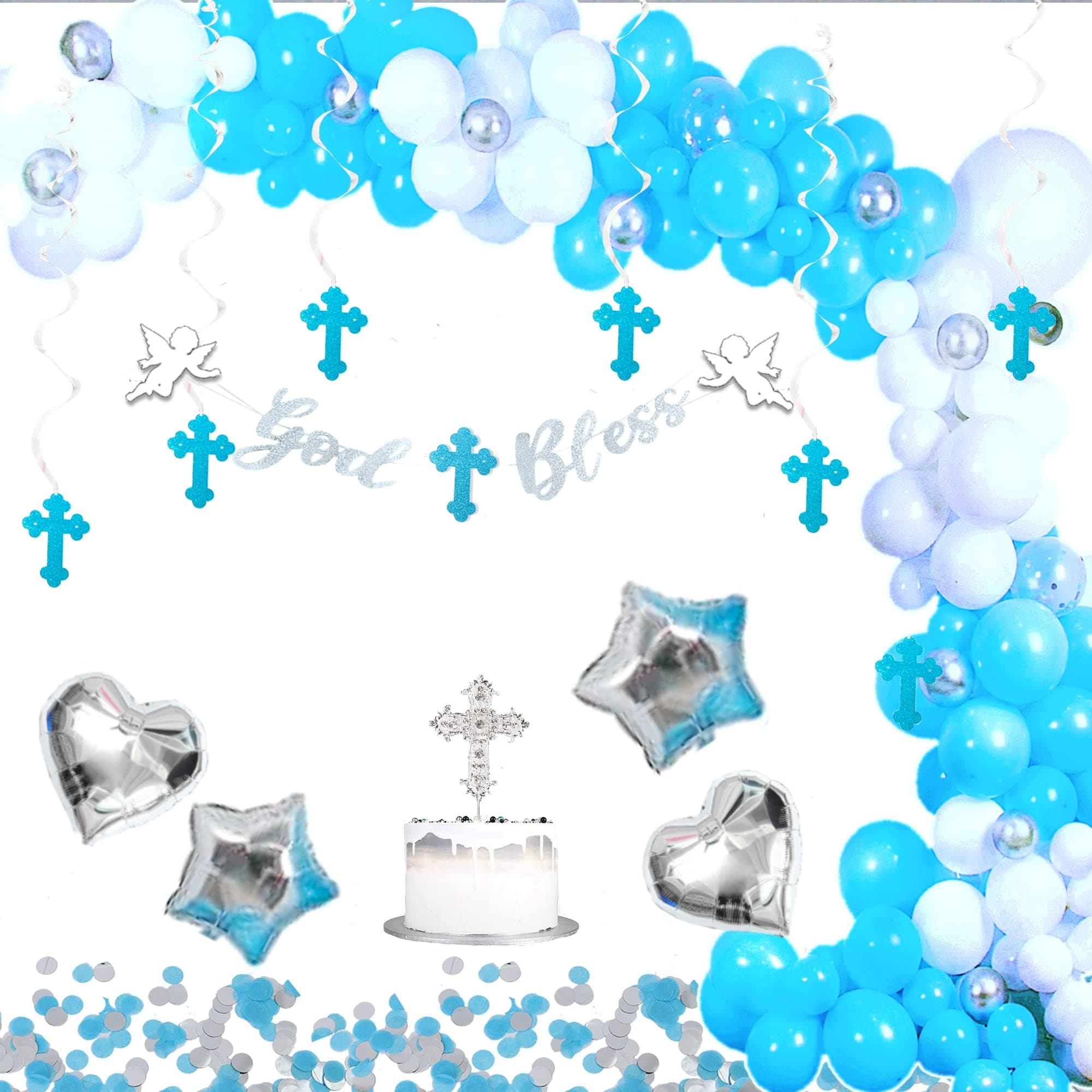 Elkanah Baptism Decorations for Boys First Communion Decorations for Boys Mi Bautizo Decoration Christening Decor Mi Primera Comunion Decoracion Banner Cake Topper Balloons(Blue)