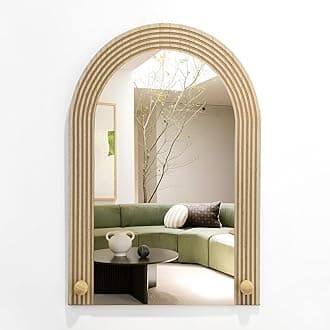 Farmhouse Wall Mirror Decor for Living Room Bedroom, Arched Wood Carved Wall-Mounted Decorative Mirror for Hallway Entryway Staircase Decor, Countryside Hanging Sculpture Home Accent,18.8x13.8