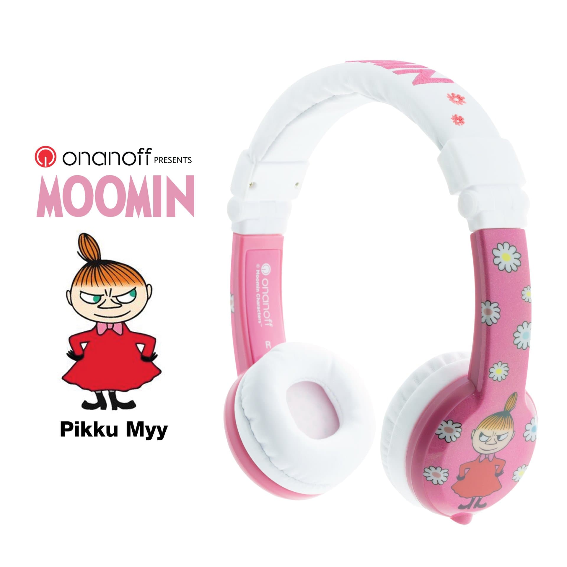 Volume Limiting Kids Headphones by Onanoff - Moomin Foldable | Durable & Comfortable | Built in Headphone Splitter and In Line Mic | Great for School | For iPad, Kindle, Computers & Tablets | Pink