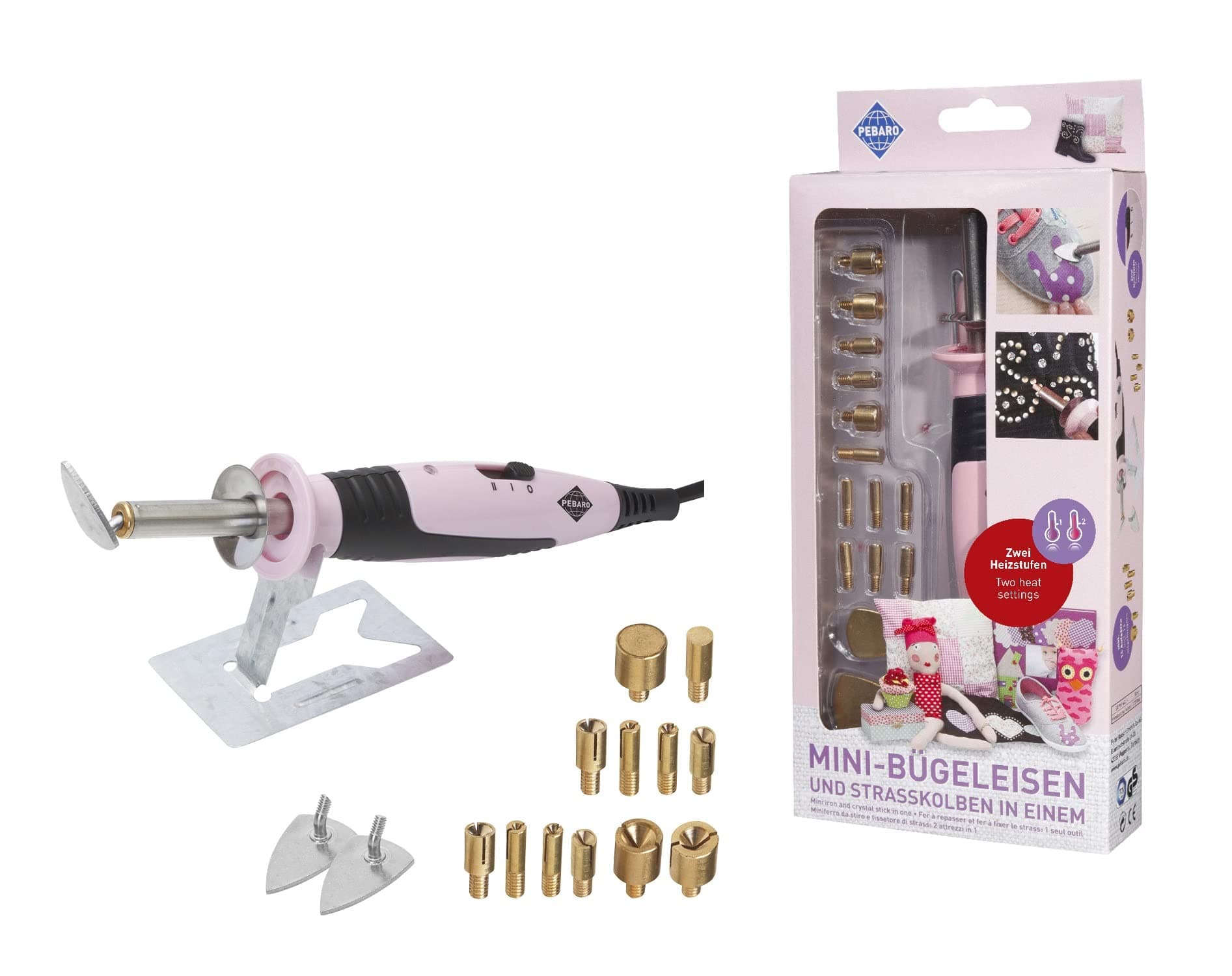 Pebaro Mini iron and rhinestone flask in one, with 14 attachments for design work with fabric and rhinestones, perfect for DIY crafts.