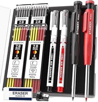 2PCS Carpenter Pencils with Sharpener, Heavy Duty Woodworking Tools, Mechanical Pencil Set with 26 Refills, Deep Hole Long Nib Marker Pens for Architect Marking with Case (Black, Red)
