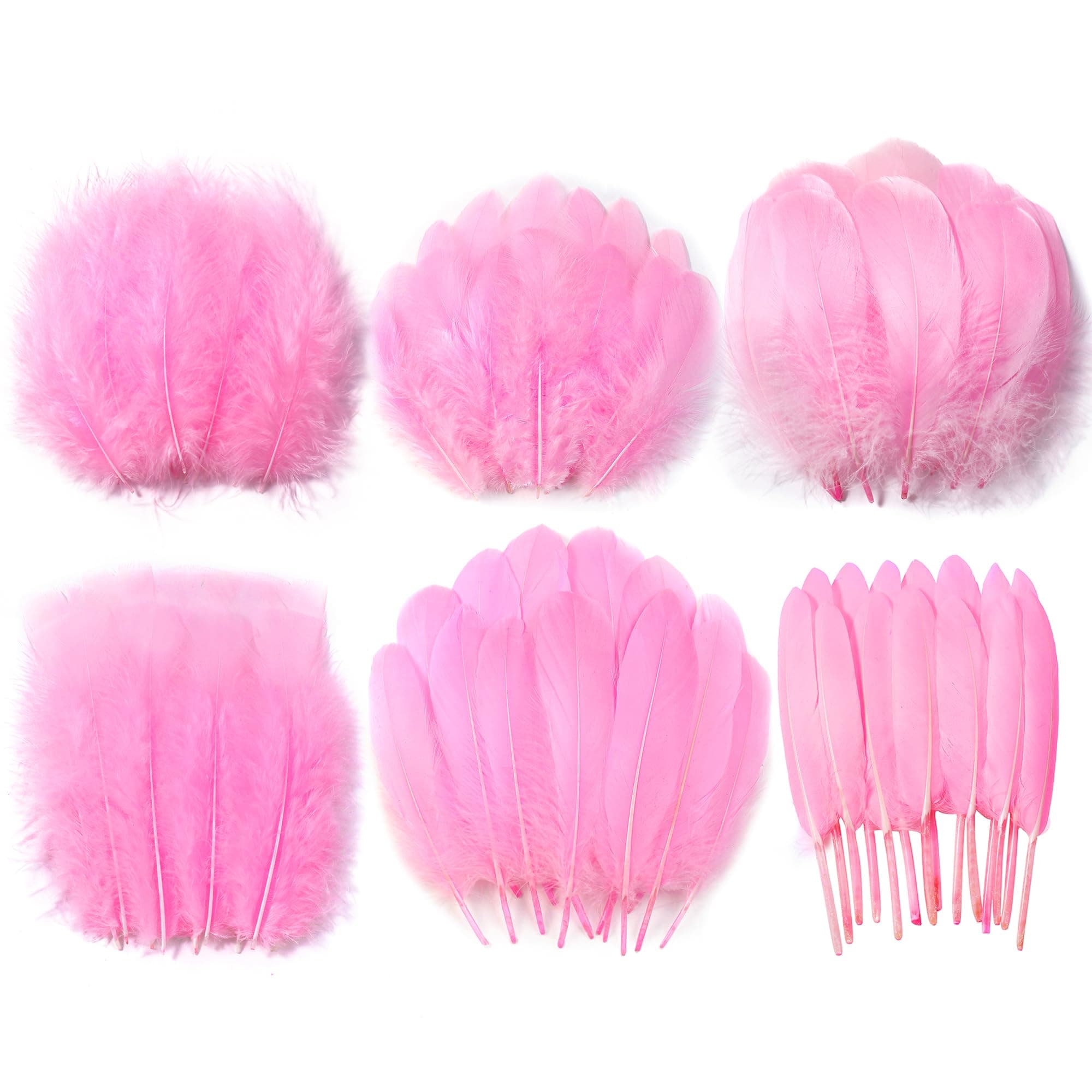 Pink Craft Feathers Bulk - 240pcs 6 Style Natural Decorative Feathers for Wedding Home Party, Dream Catcher Supplies and DIY Crafts (Pink)
