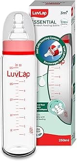 Luv Lap Essential Slim Neck Glass Feeding Bottle, 250ml, 3m+/Babies Upto 3 Years, Made of Borosilicate Glass, BPA Free, Ergonomic Shape is Easy to Hold, with Anti Colic, Pack of 1, White & Red