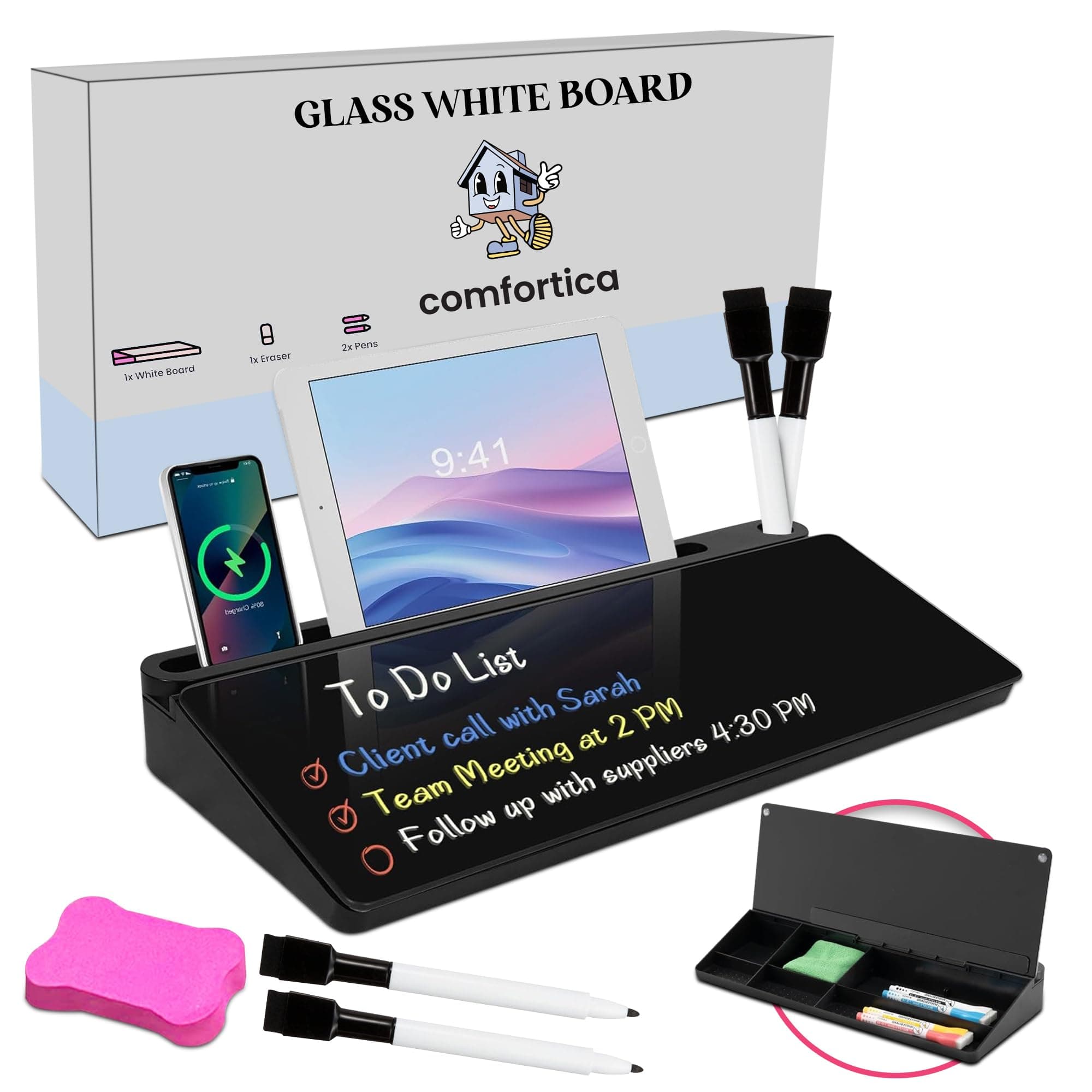 – Desktop Whiteboard - Glass Desktop Whiteboard with Storage - Small Dry Erase Board, Computer Keyboard Stand Organizer for Quick Notes & Reminder, Ideal for Home, Office Accessories