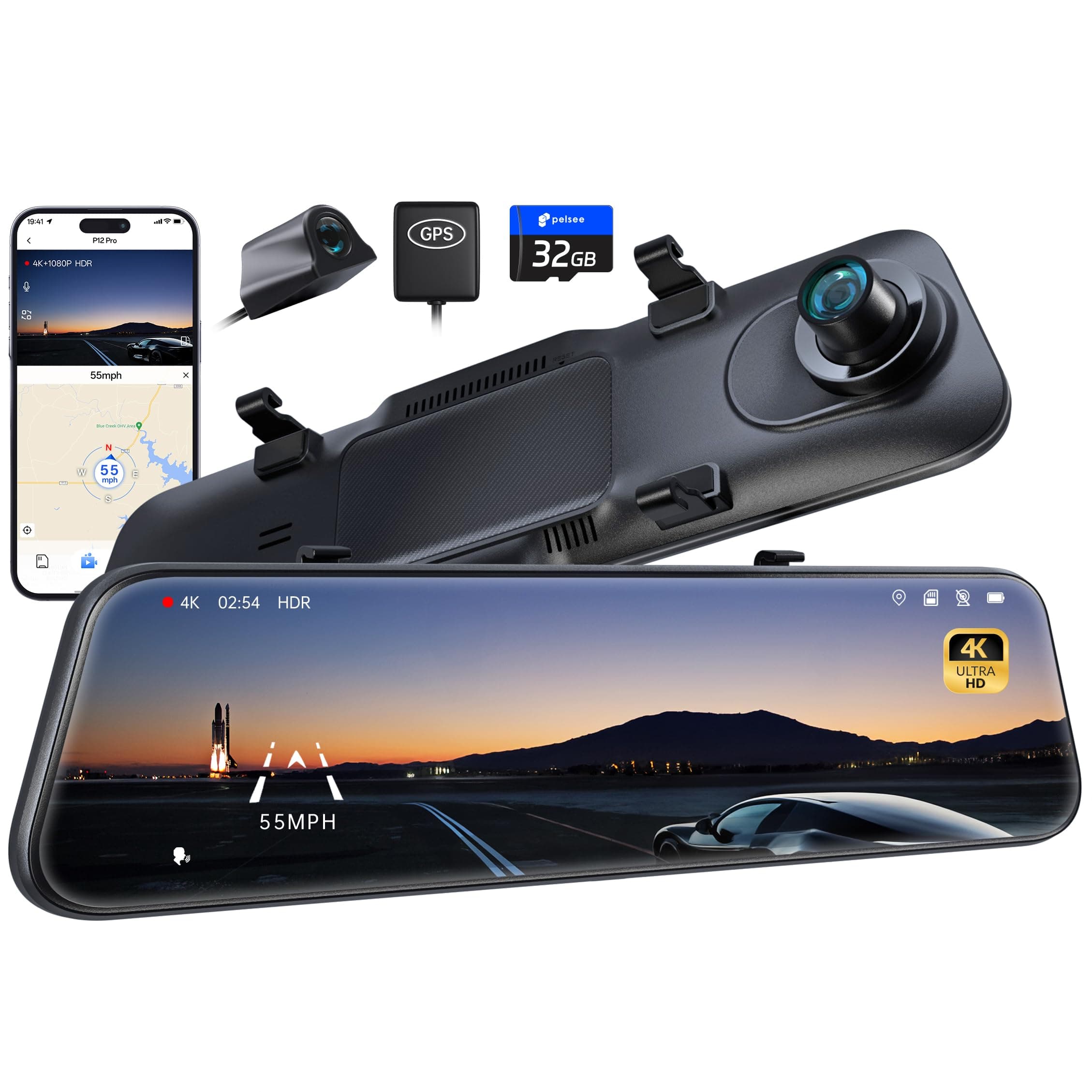 Pelsee P12 Pro 4K Mirror Dash Cam, 12'' Rear View Mirror Camera Smart Driving Assistant w/ADAS and BSD,2160P Front and Rear Camera,Voice Control,Night Vision,Parking Monitoring,32GB Memory Card