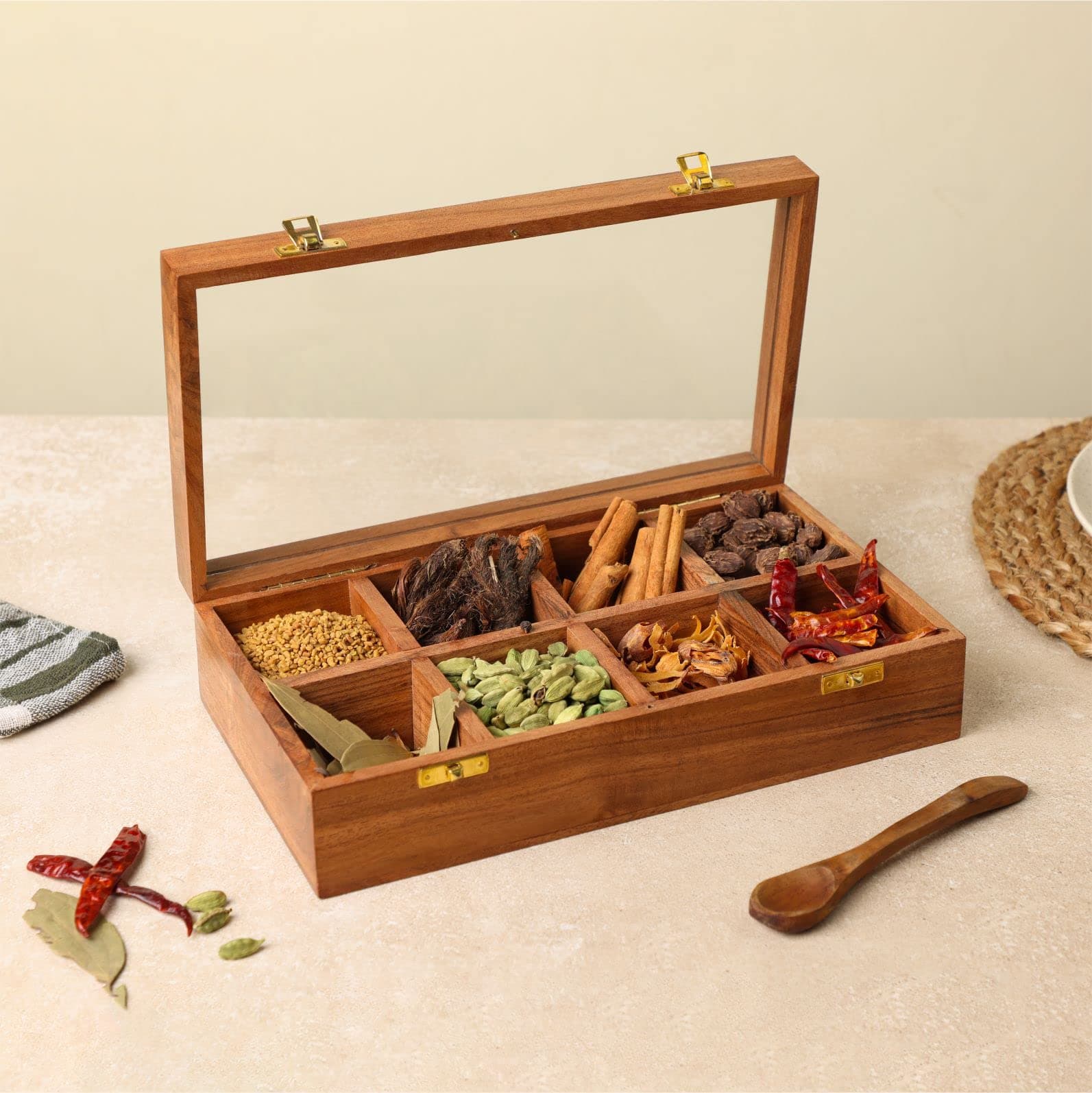 Dudki Handmade Mango Wooden Spice Box For Kitchen For Kitchen With 8 Small Partitions And Top Lid With One Wooden Spoon, Brown