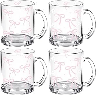 4 Pcs Cute Pink Bow Glass Cups with Handle 12 oz Coquette Aesthetic Iced Coffee Mug Tumbler Girly Preppy Gifts for Women Girls Friends Birthday Party Wedding Baby Bridal Shower Trendy Stuff