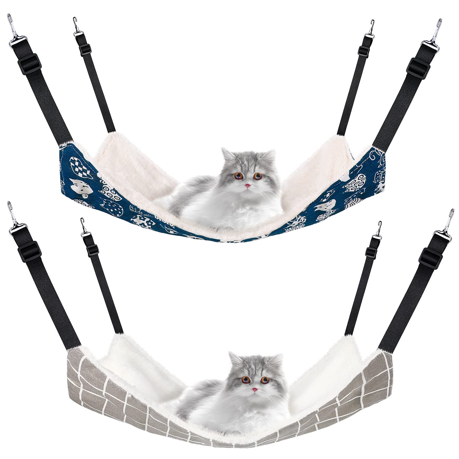 2 Pieces Reversible Cat Hanging Hammock Soft Breathable Pet Cage Hammock with Adjustable Straps and Metal Hooks Double Sided Hanging Bed for Small Dogs Rabbits(Cat and Plaid,L)