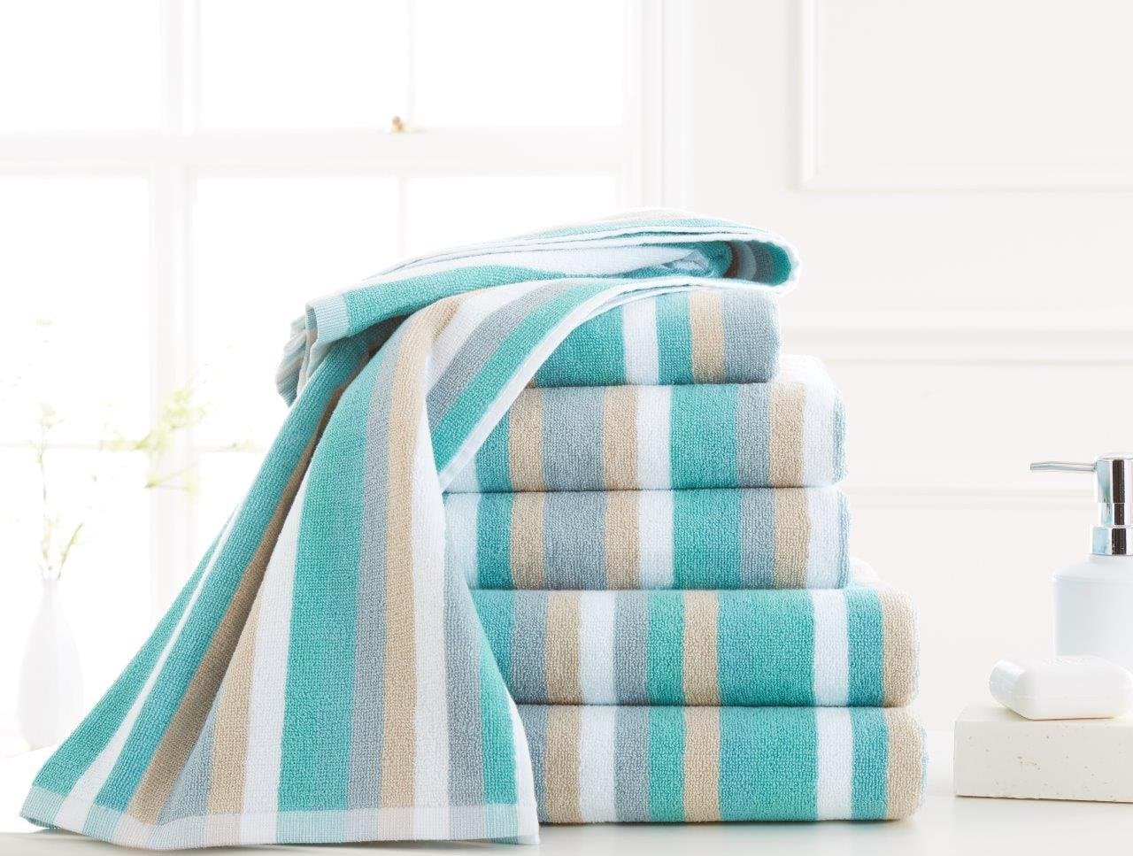 3 Pcs Victoria Stripes 100% Hydro-Cotton Multi Striped Hand Towel, Bath Towel & Bath Sheet 600 GSM (Teal/White)