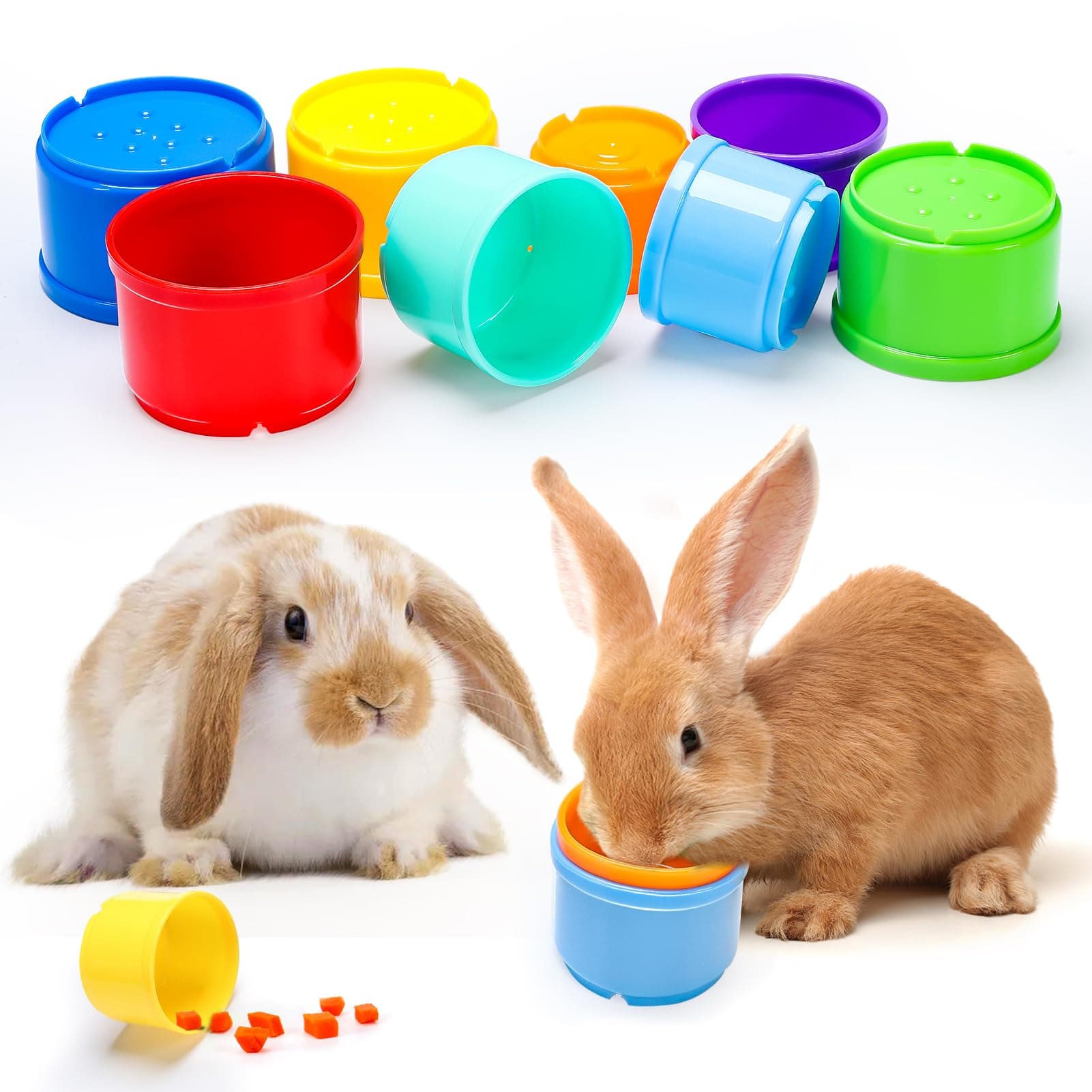 MEWTOGO 8 Pcs Stacking Cups for Rabbits - Safe Reusable Bunny Toys in Different Sizes, Durable Rainbow Colored Nesting Toys for Small Animals, Bunny Hiding Food Playing Gifts
