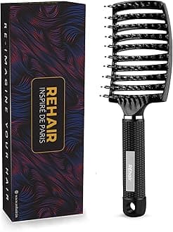 Premium Boar Bristles Detangler - Pain Free Hair Brush - Vented Design for Faster Blow Drying (Black)