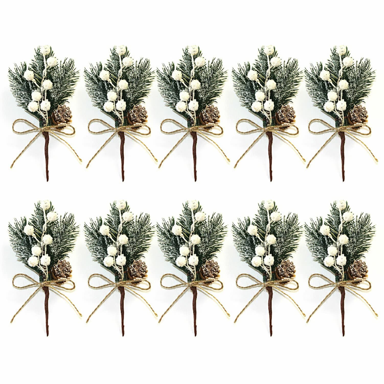 10 Bunch Artificial Pine Picks & Flocked Holly Christmas Red Berry Picks Stems, Christmas Picks and Sprays Faux Pine Picks with Pinecones, for DIY Gift Floral Arrangements (White, 10)