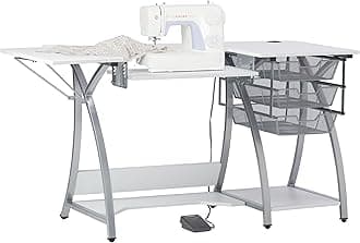 Sew Ready Pro Stitch Sewing Machine Table with 3-Wire Mesh Drawers and Drop Leaf Side Shelf, Craft Table and Computer Desk, Powder Coated Steel Frame in Silver with 47.25" W White Top, 13381