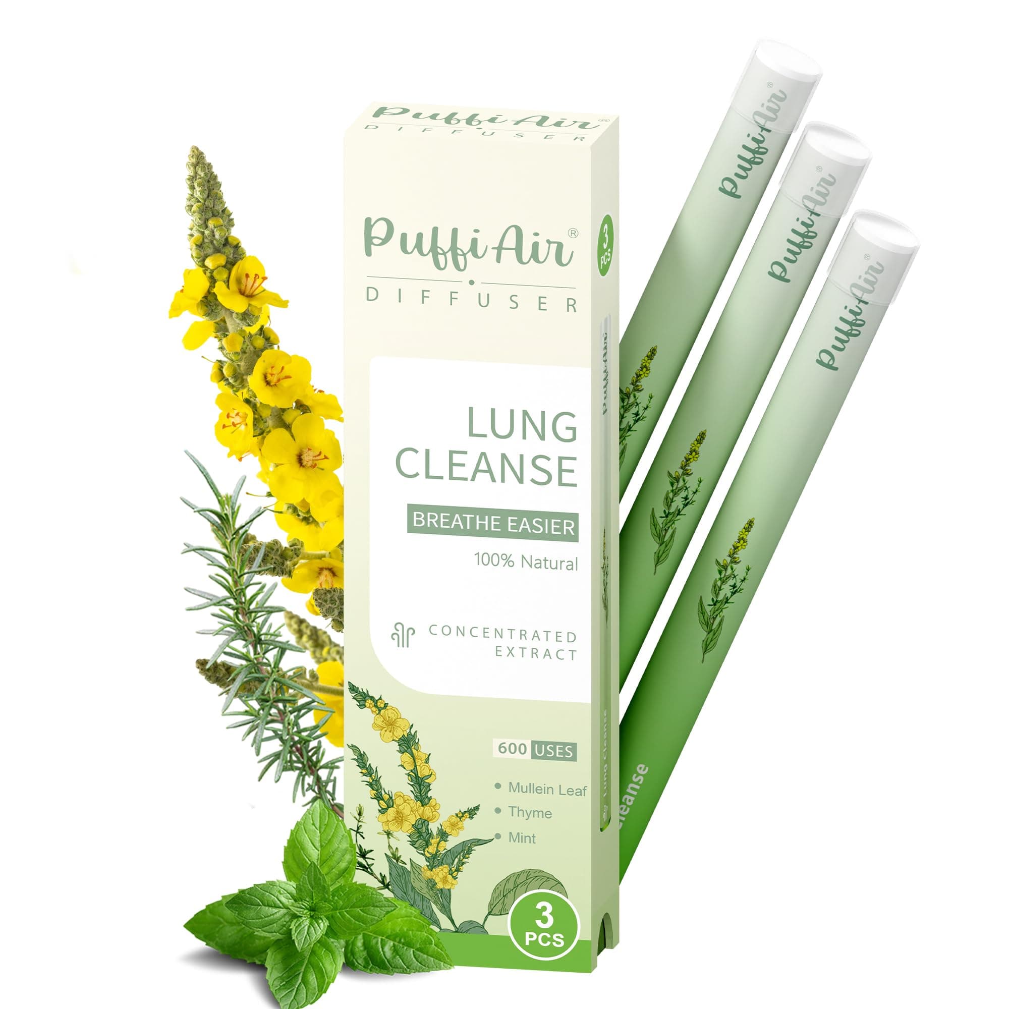 Puffiair Herbal Diffuser Pen, Mullein Flavoured Lung Cleanse Inhaler, 12cm No Nicotine Inhaler with Mullein, Thyme & Mint Extracts, Green 1800 Uses