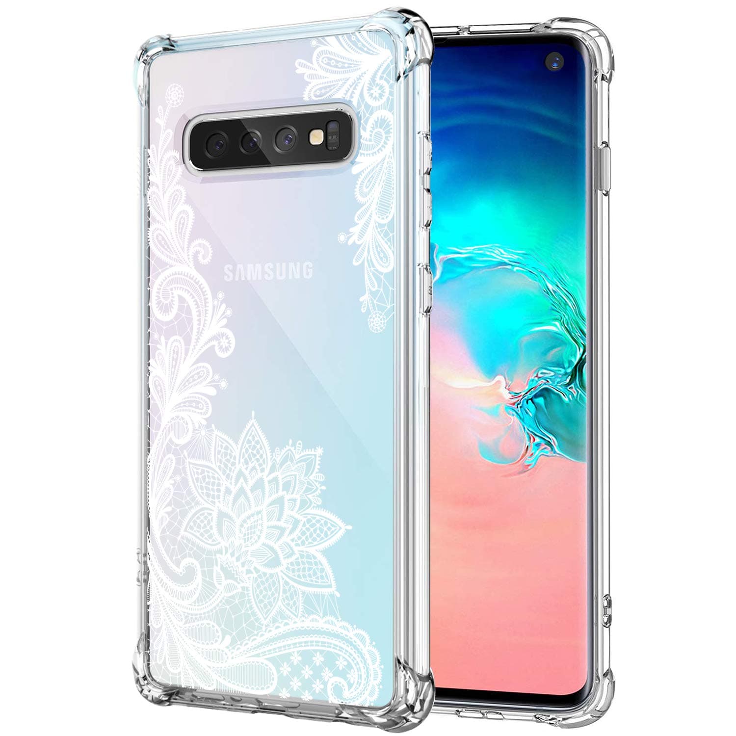 KIOMY Galaxy S10 Case Clear with Lace Design Shockproof Bumper Protective Case for Samsung Galaxy S10 Cute White Flower Pattern Flexible Slim Fit Rubber Floral Cell Phone Back Cover Girl Women
