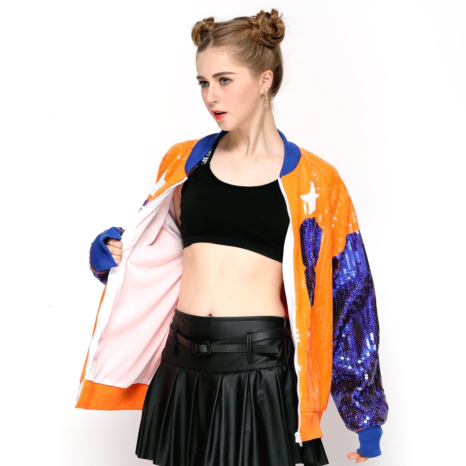 IMAGICSUN Sparkle Sequin Letter Jacket Coat - Glitter Long Sleeve Jacket for Women Orange