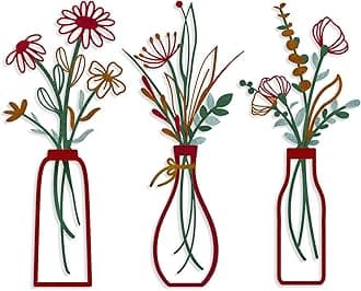 3 Pieces Metal Vase Flowers Wall Arts - Rustic Farmhouse Style Décor Metal Wall Art Black Minimalist Flower Natural Themed Wall Decors for Home Bedroom Dining Room Housewarming (Red, Vase-C)